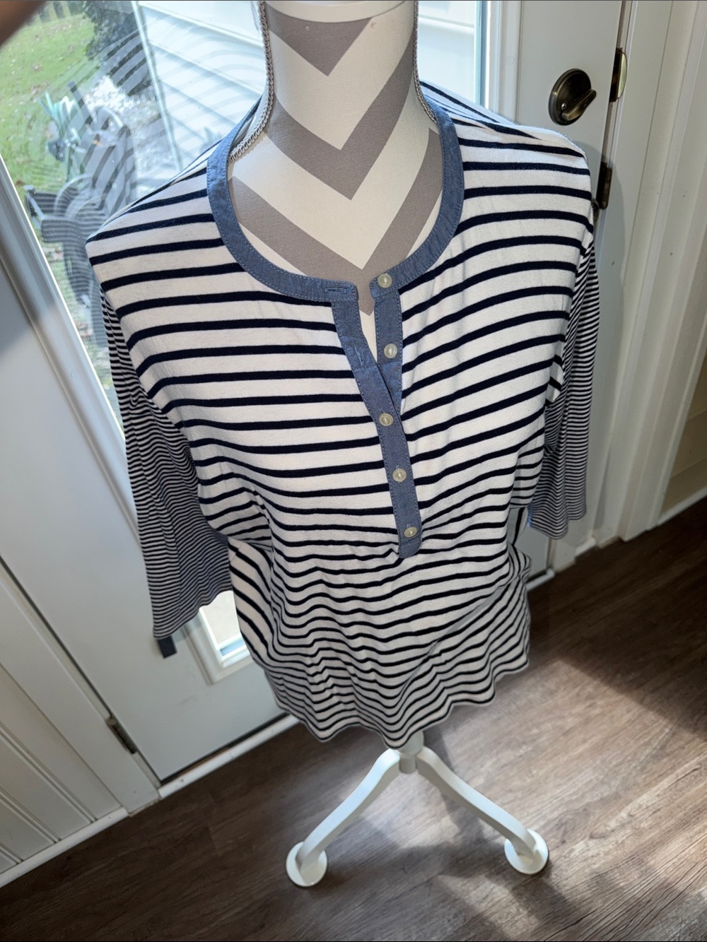 Chaps Navy and White Striped Henley Top